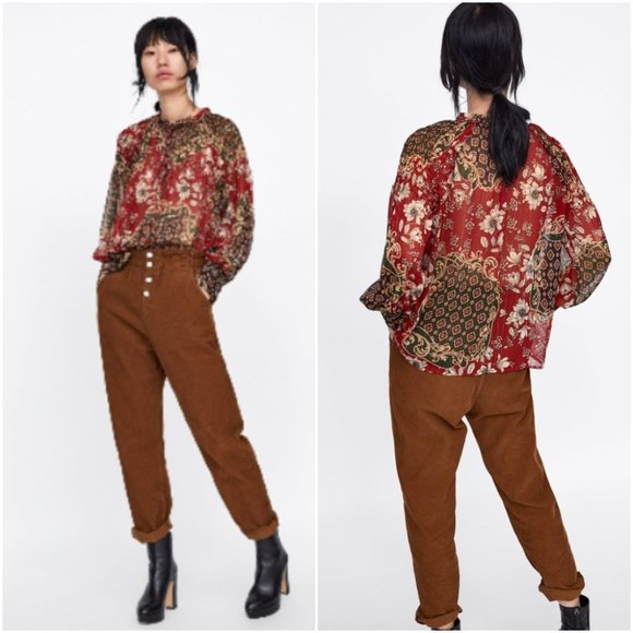 Zara Tops - Zara Basic Women's Patchwork Print Mixed Sheer Long Sleeve Floral Paisley Blouse